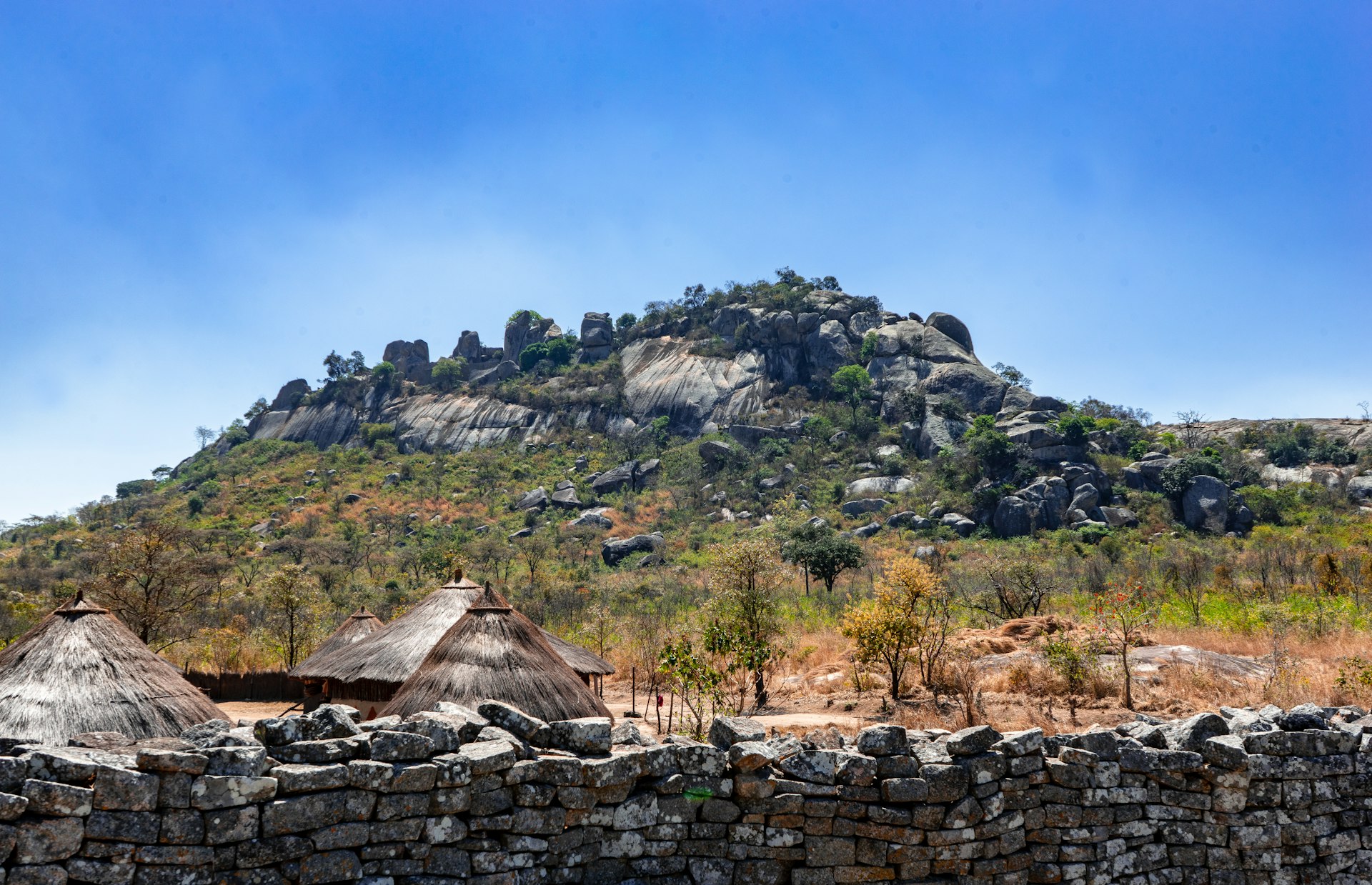 Dry-stone walls of Great Zimbabwe set into the granite hillside