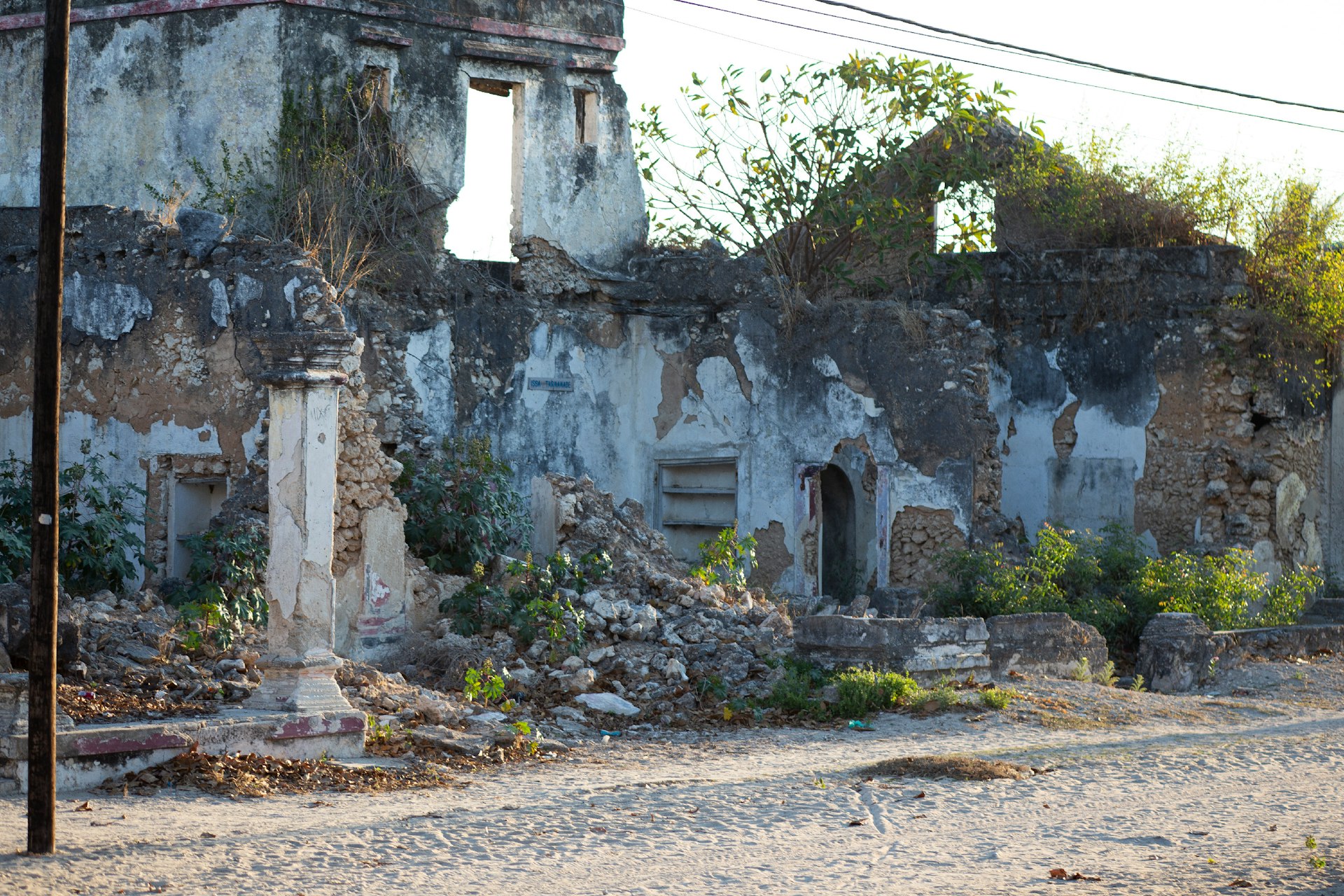 An old colonial-era building on Ilha de Moçambique with plants growing from its walls