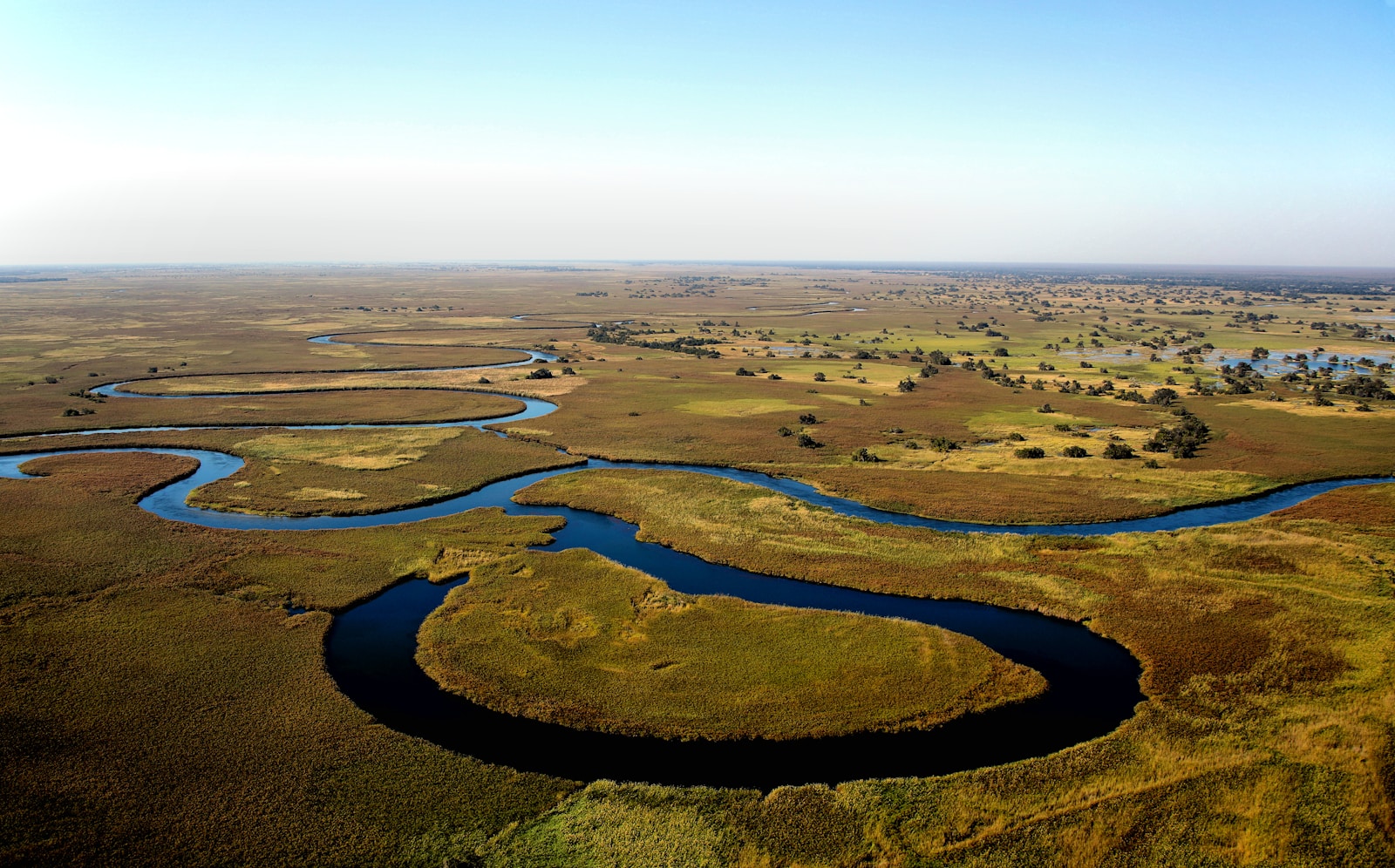Aerial view of the channels and islands of the Okavango Delta